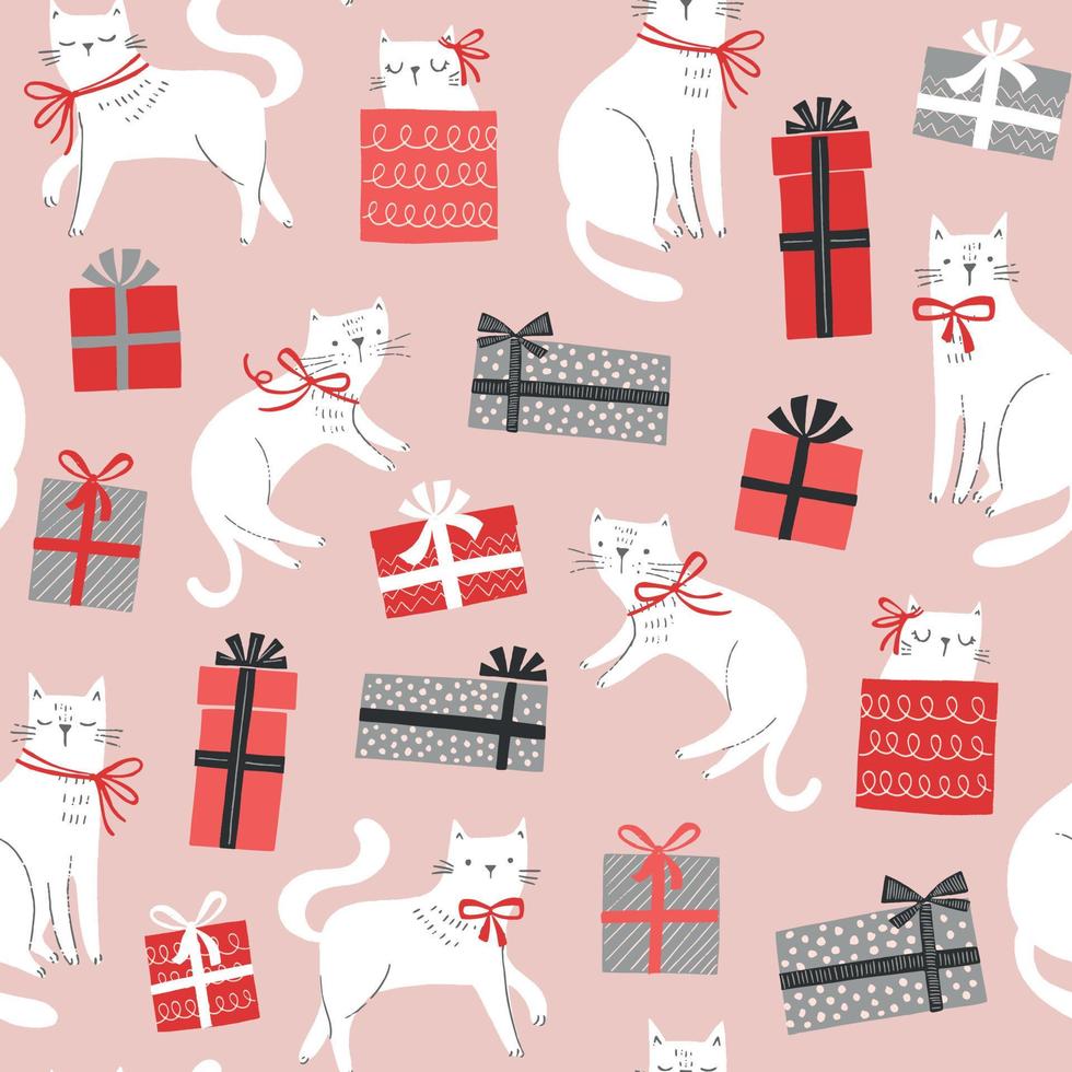modello vettoriale di natale con gatti con fiocchi e scatole regalo. sfondo senza cuciture disegnato a mano con gatti, regali con fiocchi.