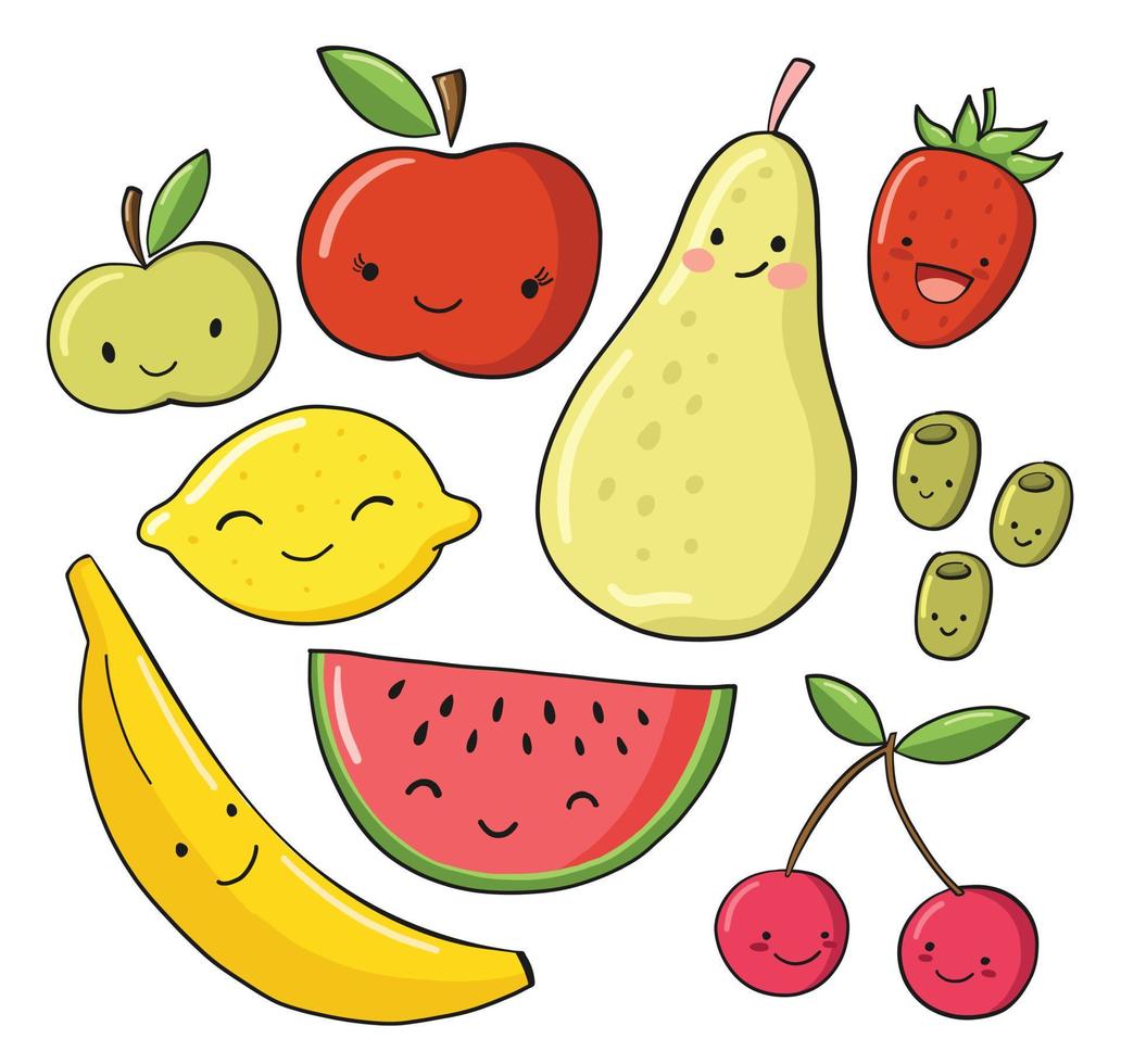 insieme di vettore di frutta sorridente carino. illustrazione di cibo divertente cartone animato.