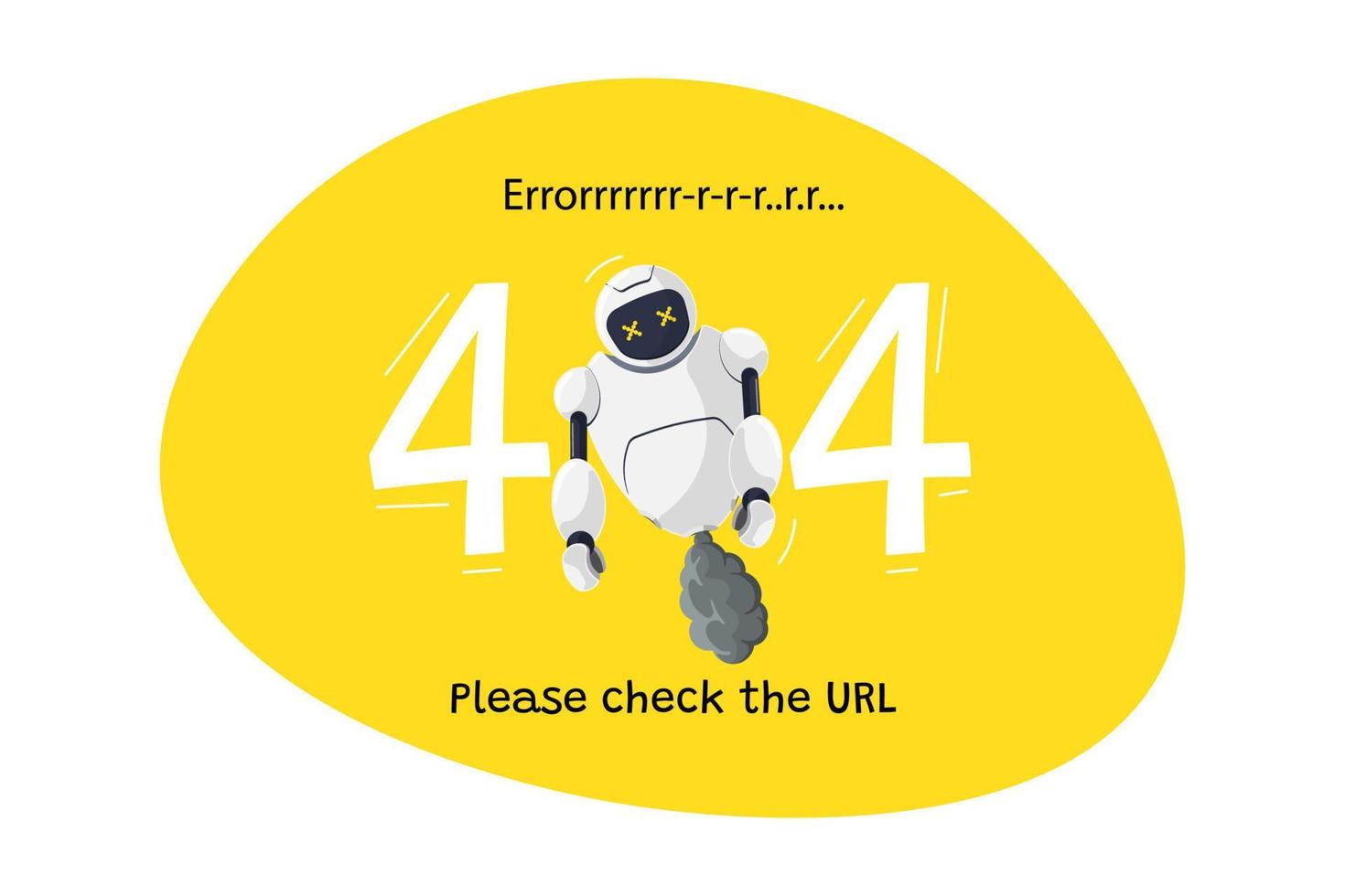 pagina del sito Web non trovata errore URL 404. carattere robot rotto su sfondo giallo. arresto anomalo del sito sul modello di progettazione web di lavoro tecnico con mascotte chatbot. fallimento dell'assistenza bot online dei cartoni animati. vettore