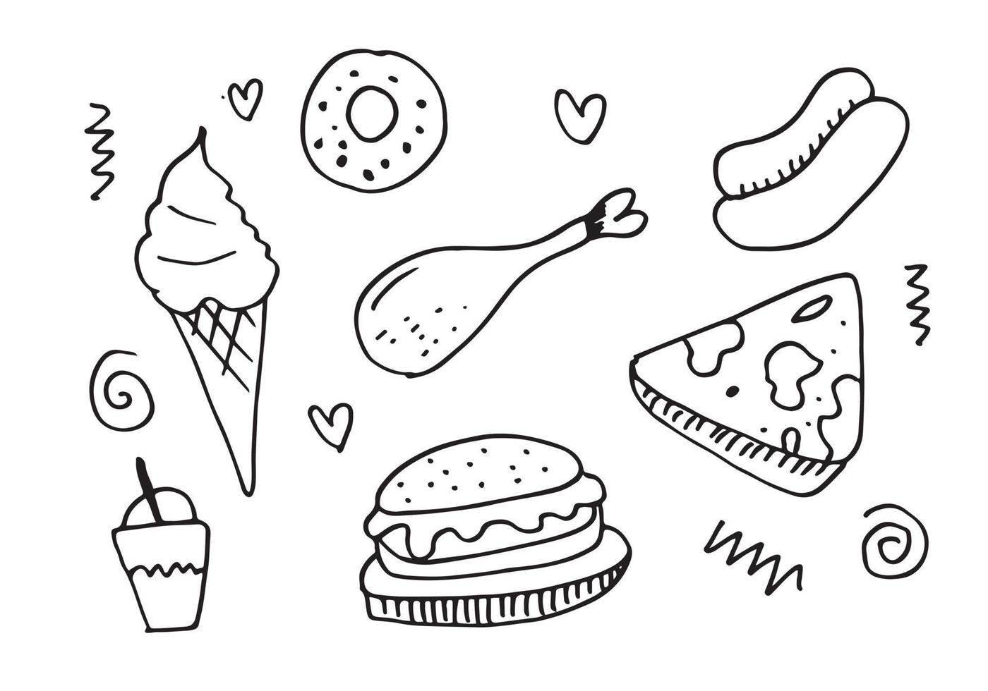 scarabocchio di fast food. icone disegnate a mano. stili di disegno a mano menu fast food. menu del ristorante. vettore