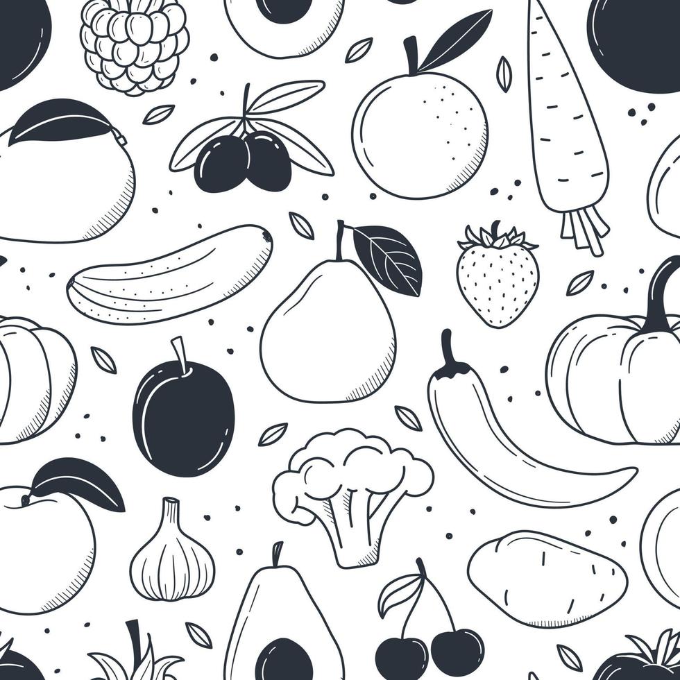 frutta senza cuciture, verdura in stile doodle. motivo monocromatico vettore