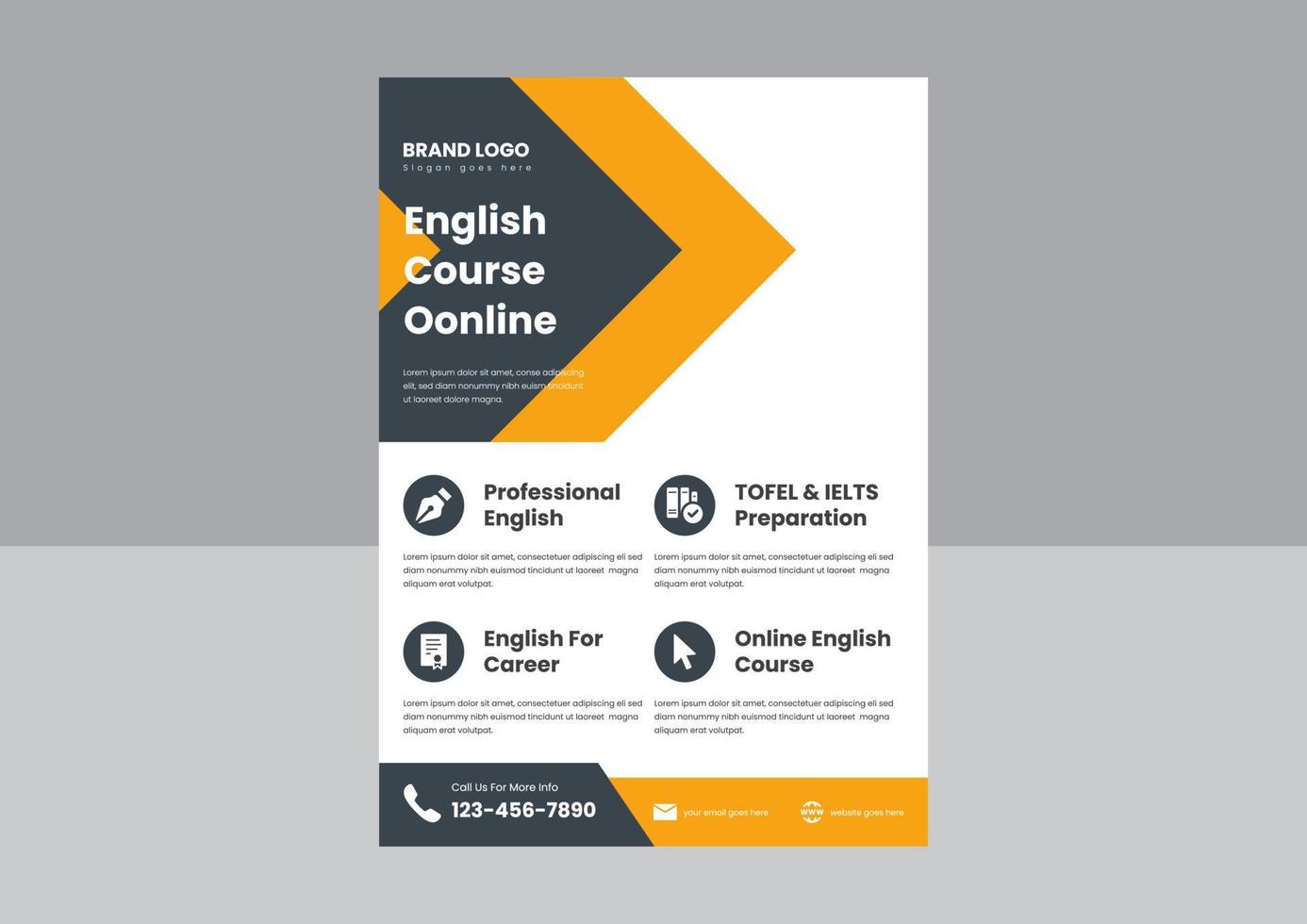 impara l'inglese online design volantino. progettazione di volantini per corsi di lingua inglese. miglior volantino poster del corso di lingua inglese. vettore