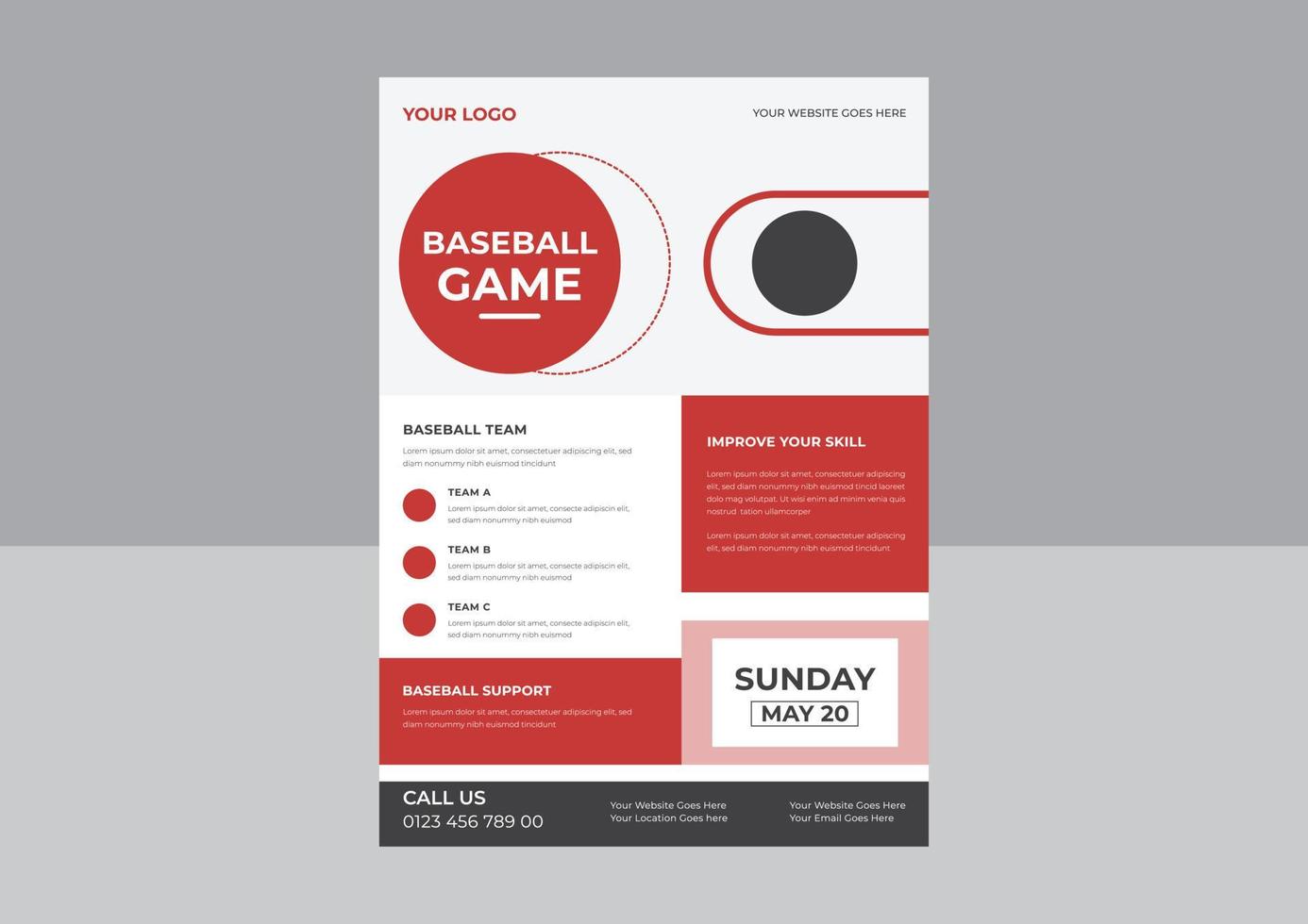 vettore di volantino di baseball, design per la promozione dello sport, torneo moderno. annuncio dell'evento di gioco sportivo. volantino, banner pubblicitario.