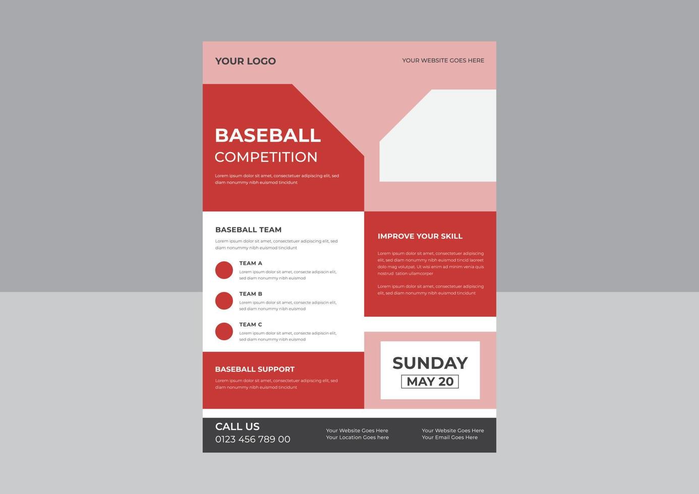 vettore di volantino di baseball, design per la promozione dello sport, torneo moderno. annuncio dell'evento di gioco sportivo. volantino, banner pubblicitario.