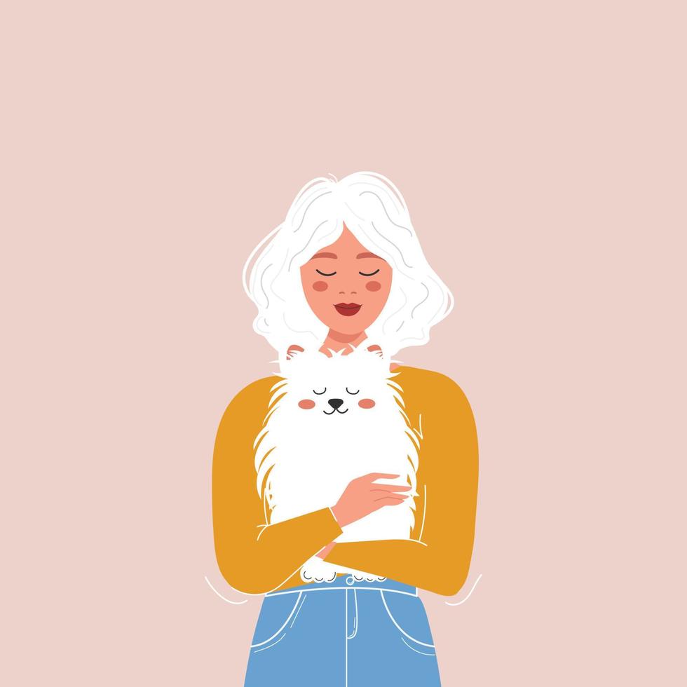 amore per animali e animali domestici. ragazza carina che tiene il suo cane lanuginoso bianco. illustrazione del fumetto di vettore con una donna e uno spitz.