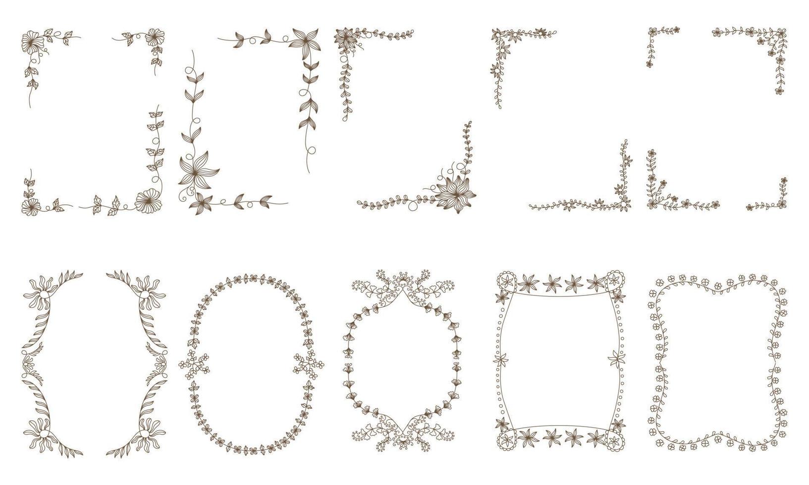 set di cornici floreali progettato con linee marroni in stile doodle su sfondo bianco per stampa digitale, partecipazione di nozze, album di ritagli, design della copertina, stampa di etichette e altro ancora. vettore