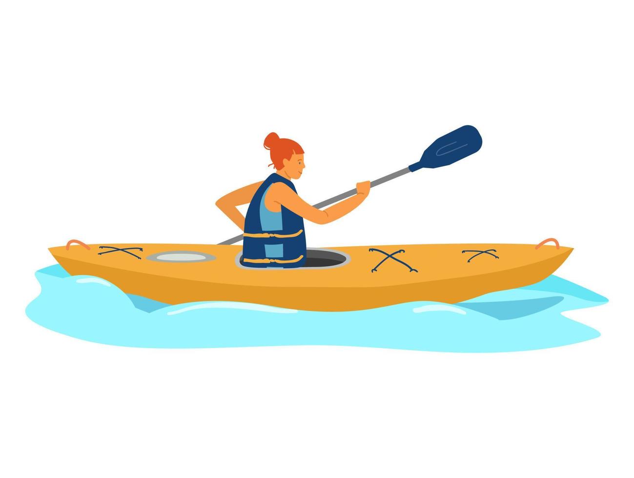 ragazza dai capelli rossi in giubbotto di salvataggio con pagaia in kayak sulle onde. stile di vita attivo. isolato su bianco. illustrazione vettoriale piatta.