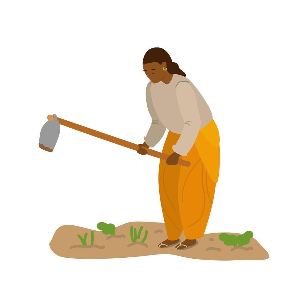illustrazione vettoriale di giovane donna del villaggio indiano che lavora nel campo. agricoltore indiano che scava. agricoltura tradizionale. piatto.
