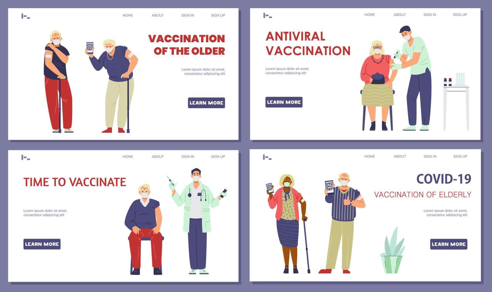 vaccinazione degli anziani contro il coronavirus insieme vettoriale di modelli di pagina di destinazione. uomini e donne anziani con maschere facciali che vengono colpiti o tengono telefoni con passaporti sanitari.