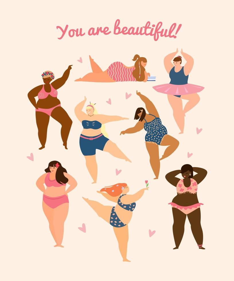 razze diverse più donne di taglia in costume da bagno che ballano. concetto positivo del corpo. cartolina. illustrazione vettoriale piatta.