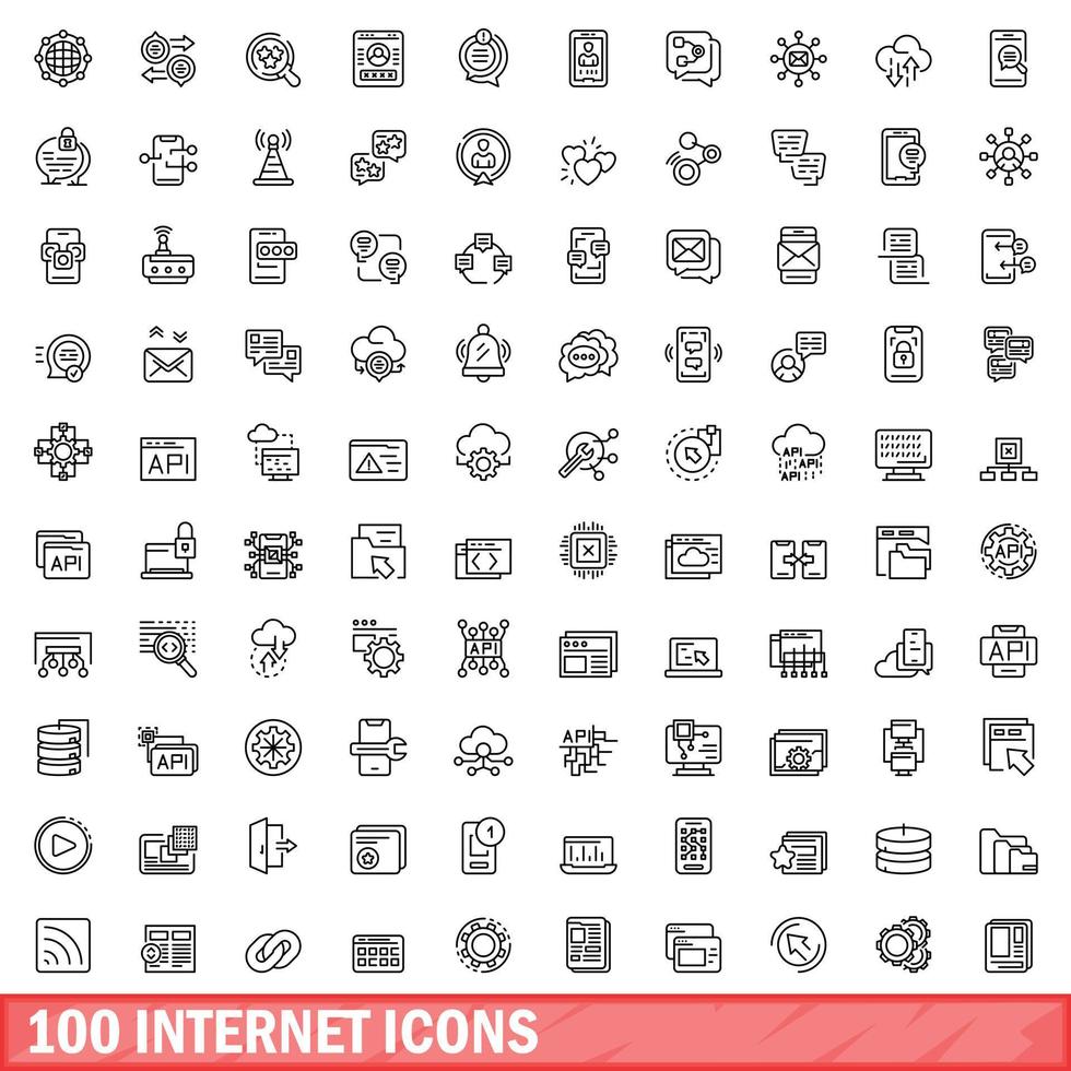 100 icone internet impostate, stile contorno vettore