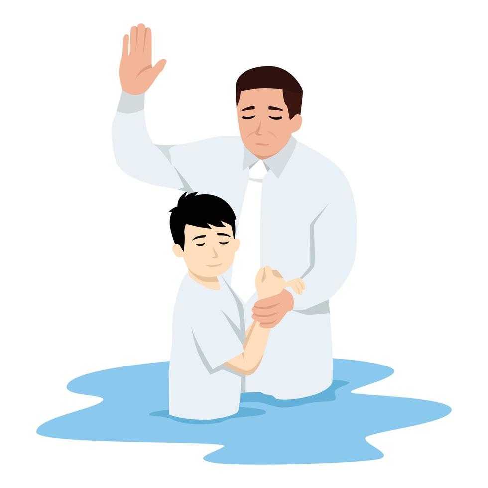 illustrazione di un bambino asiatico che viene battezzato in acqua. illustrazione vettoriale piatta isolata su sfondo bianco
