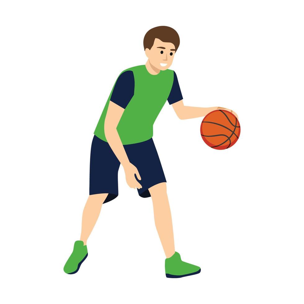 carino ragazzino che dribbling basket piatto illustrazione vettoriale isolato su sfondo bianco