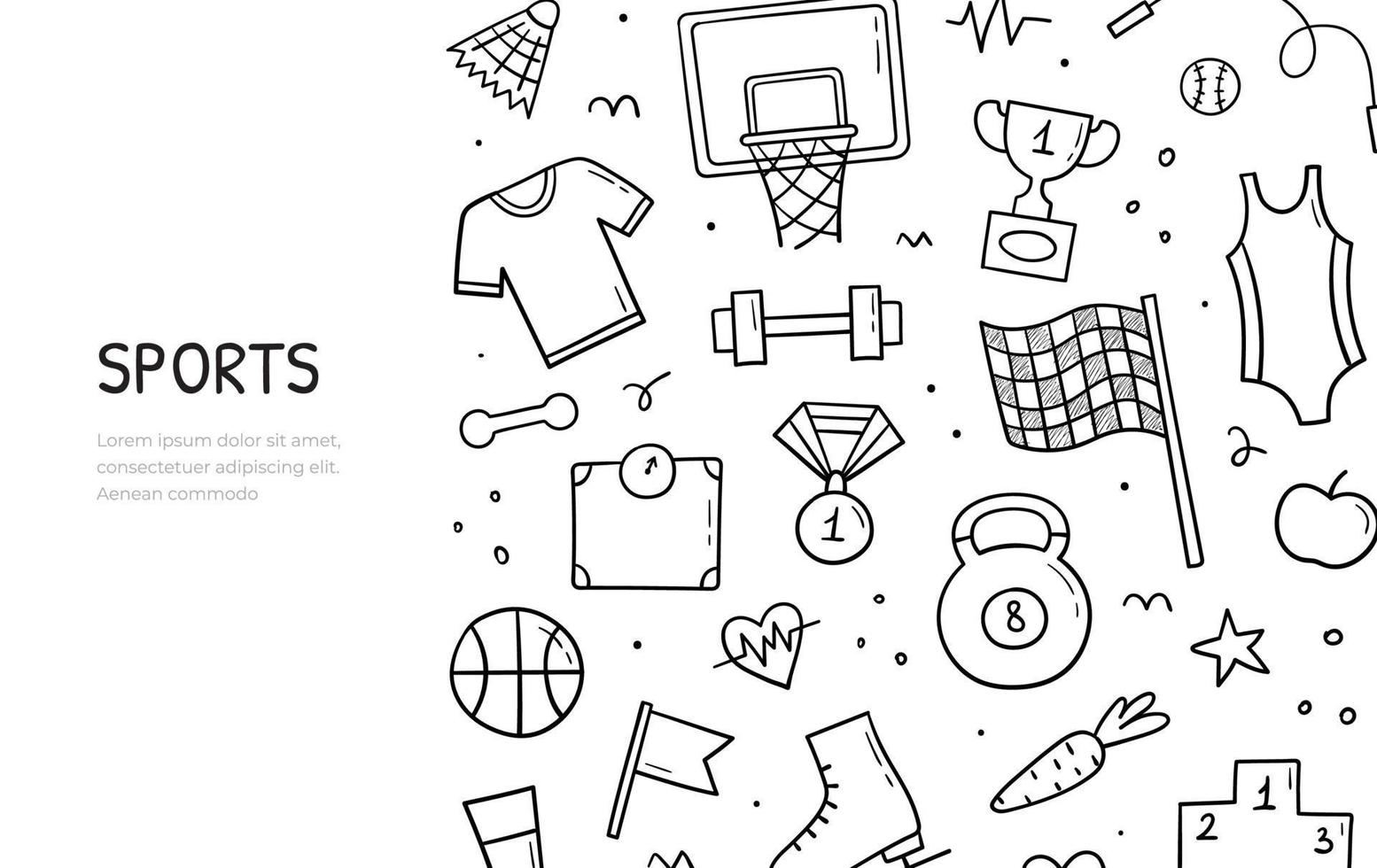 doodle disegnato a mano di elementi a tema sportivo. modello di banner orizzontale. illustrazione vettoriale. vettore