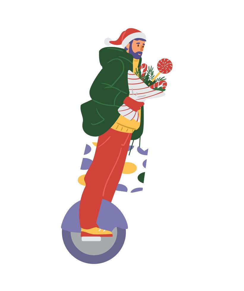 uomo in abiti invernali e cappello da Babbo Natale in sella a una ruota mono con regali e bouquet invernale. illustrazione vettoriale piatta. isolato su bianco.