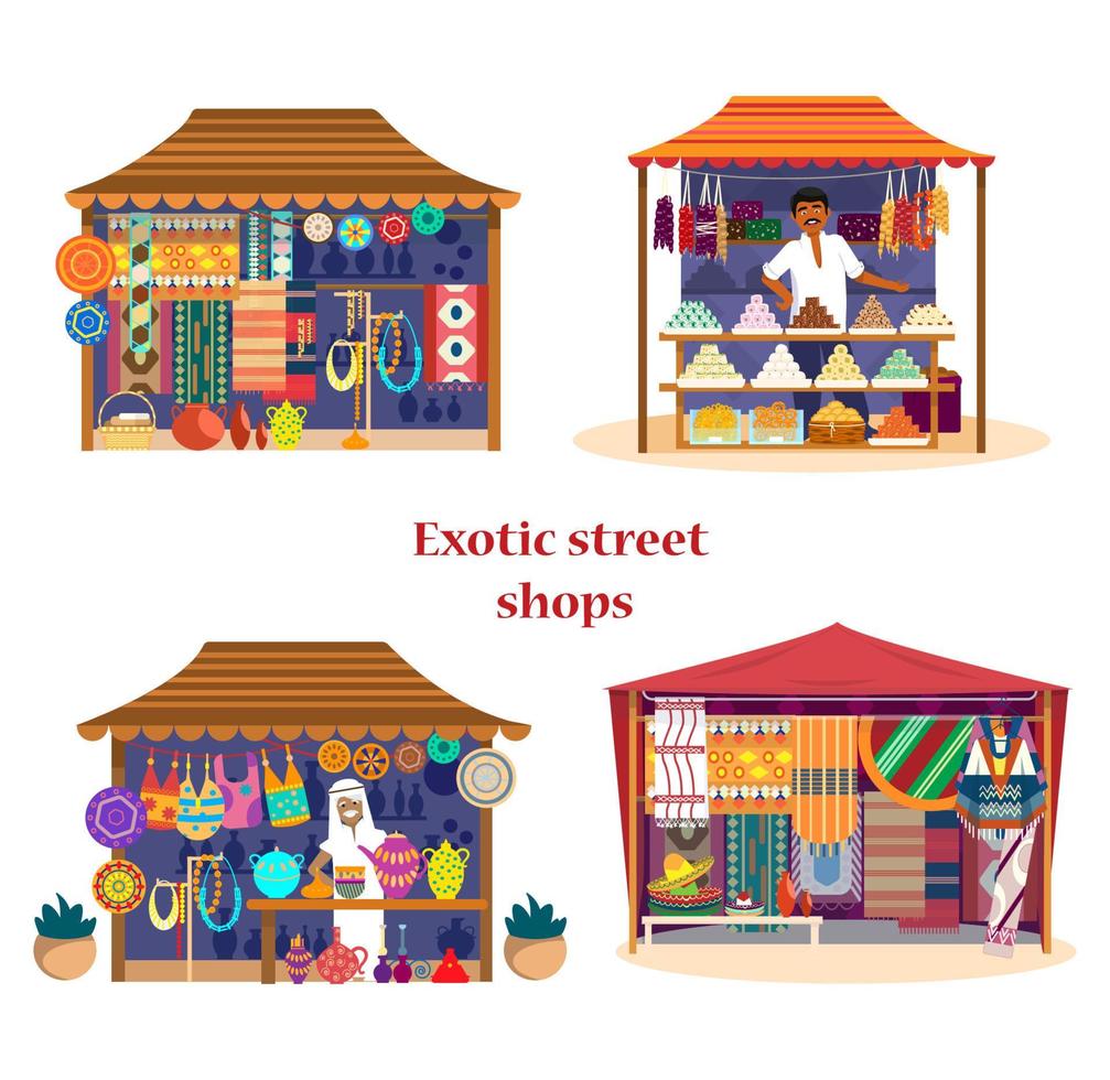 insieme vettoriale di negozi di strada esotici in stile cartone animato piatto. set mercato asiatico. negozio di dolciumi con mercante, negozio di tessuti e tappeti, negozi di souvenir.
