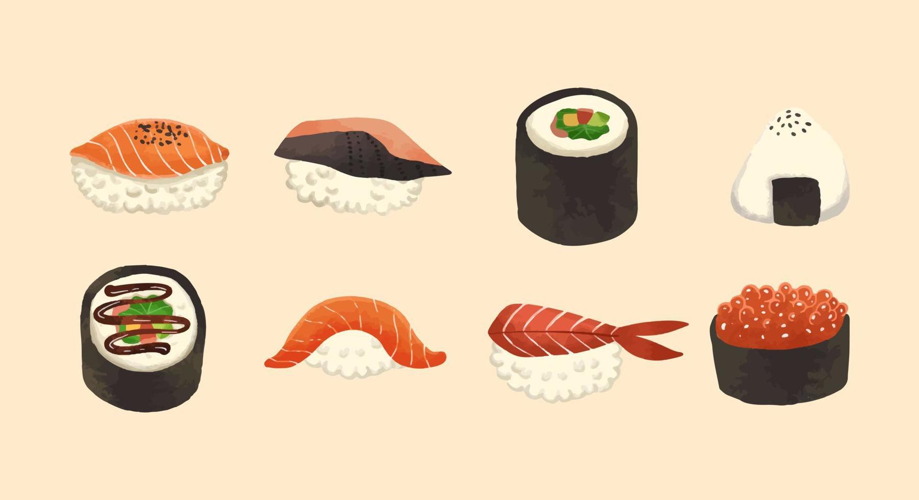 cibo giapponese sushi disegnato a mano. insieme di raccolta vettoriale isolato