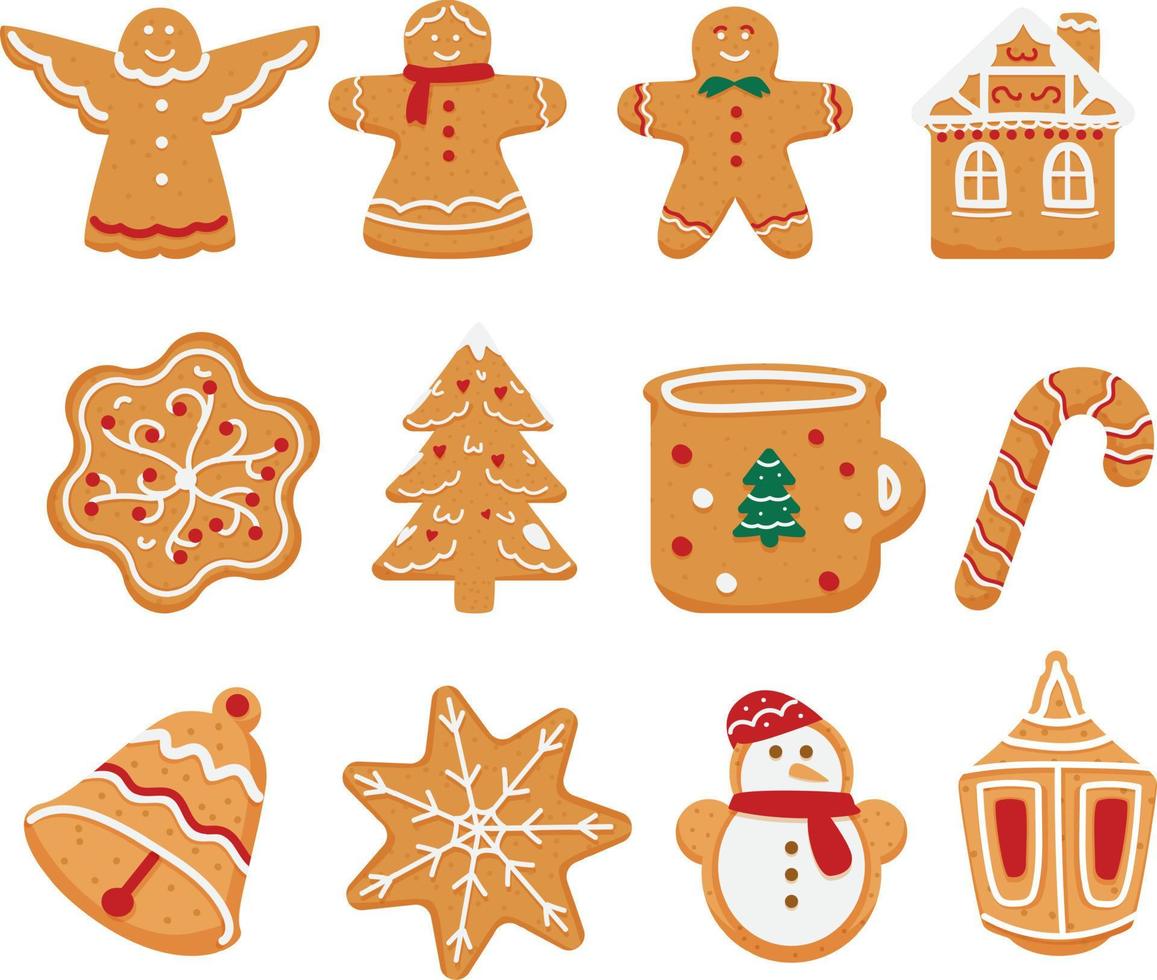 set vettoriale di biscotti di pan di zenzero di Natale in diverse forme. angelo, casa, albero, fiocco di neve, coppa, campana, pupazzo di neve, lanterna, canna, omino di pan di zenzero. isolato su bianco.