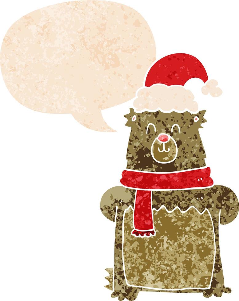 orso del fumetto che indossa il cappello di Natale e il fumetto in stile strutturato retrò vettore