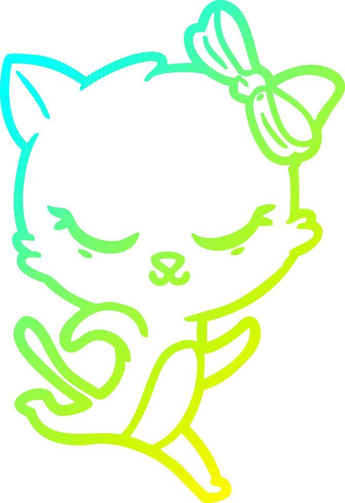 disegno a linea a gradiente freddo simpatico gatto cartone animato con fiocco in esecuzione vettore