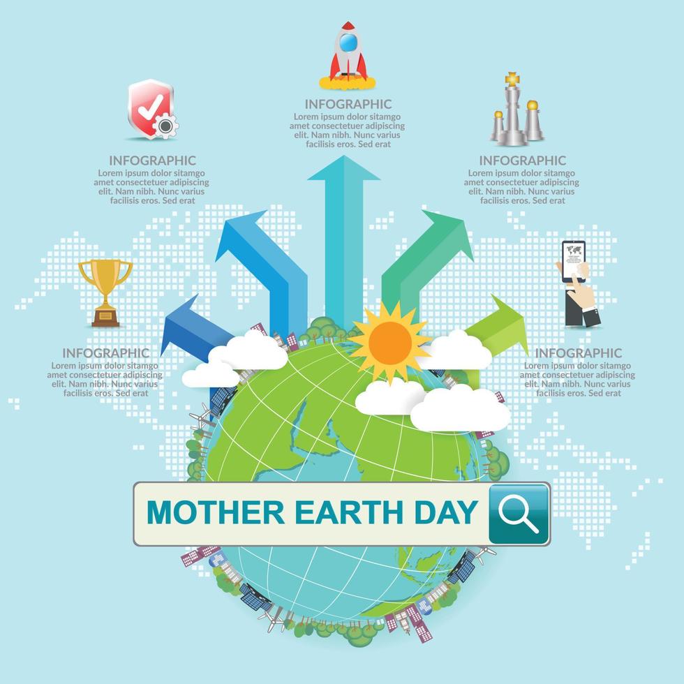 concetto di infografica per la giornata della madre terra con globo e verde. Giornata Mondiale per l'Ambiente. vettore