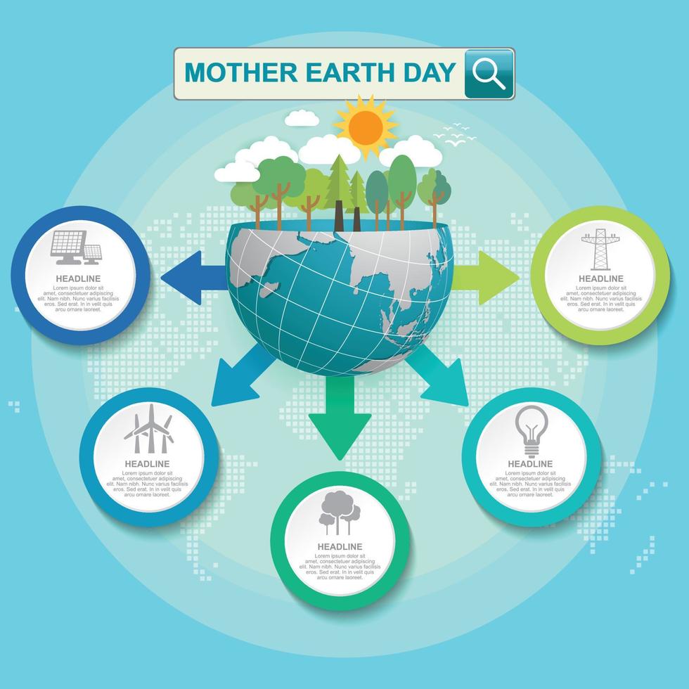 concetto di infografica per la giornata della madre terra con globo e verde. Giornata Mondiale per l'Ambiente. vettore