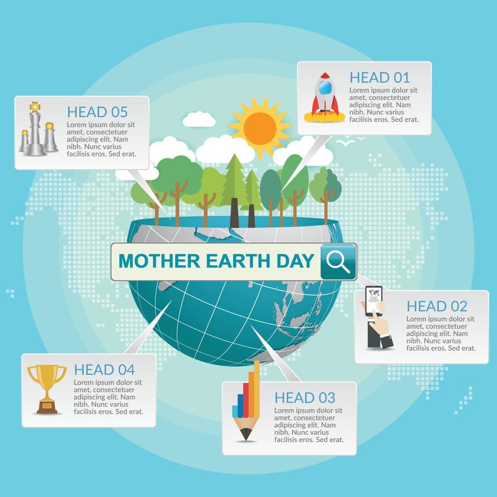 concetto di infografica per la giornata della madre terra con globo e verde. Giornata Mondiale per l'Ambiente. vettore