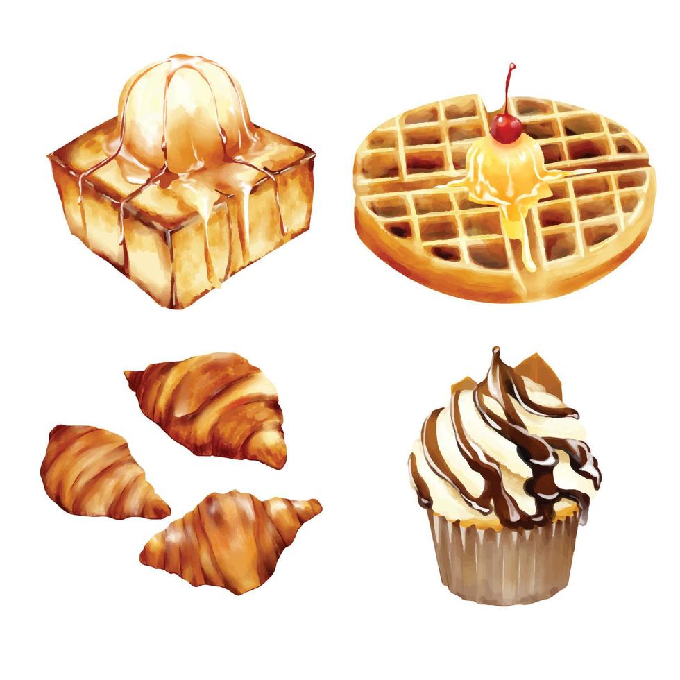 set di croissant toast waffle e cupcake panetteria acquerello illustrazione vettoriale isolato su bianco