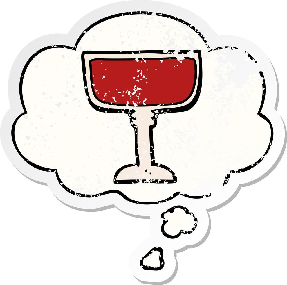 bicchiere di vino dei cartoni animati e bolla di pensiero come adesivo consumato in difficoltà vettore