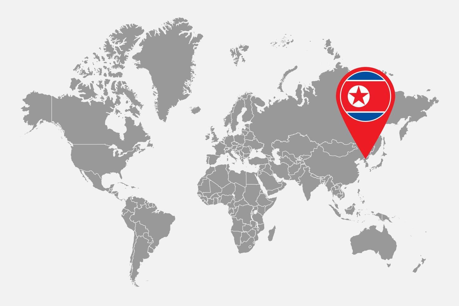 mappa pin con la bandiera della corea del nord sulla mappa del mondo. illustrazione vettoriale. vettore
