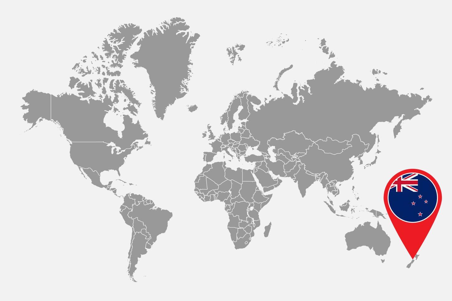 mappa pin con la bandiera della Nuova Zelanda sulla mappa del mondo. illustrazione vettoriale. vettore