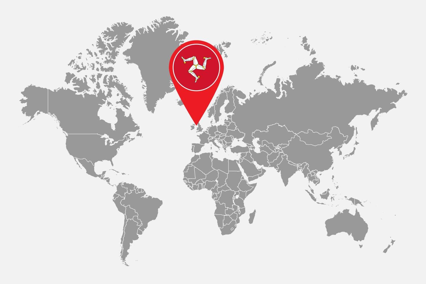 mappa pin con bandiera isola di man sulla mappa del mondo. illustrazione vettoriale. vettore