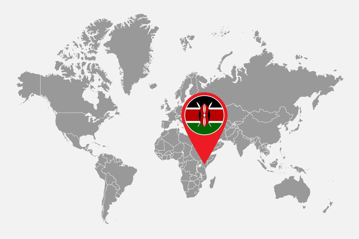 mappa pin con bandiera kenya sulla mappa del mondo. illustrazione vettoriale. vettore