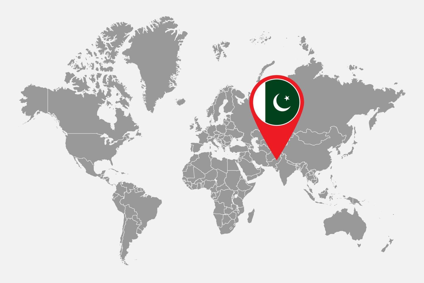 mappa pin con bandiera pakistan sulla mappa del mondo. illustrazione vettoriale. vettore