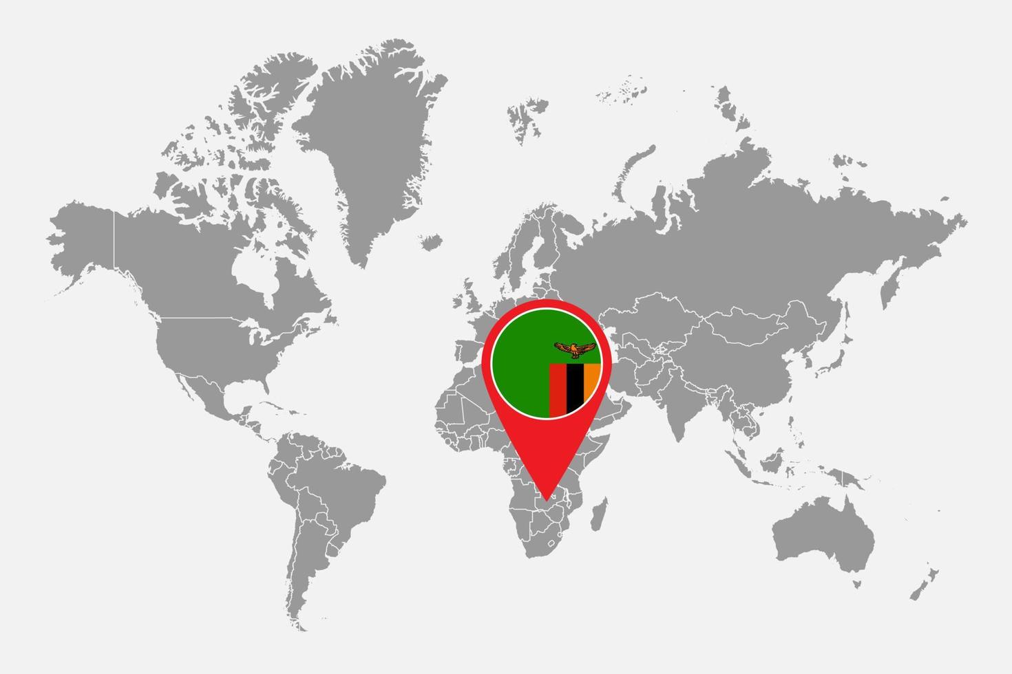 mappa pin con bandiera dello zambia sulla mappa del mondo. illustrazione vettoriale. vettore