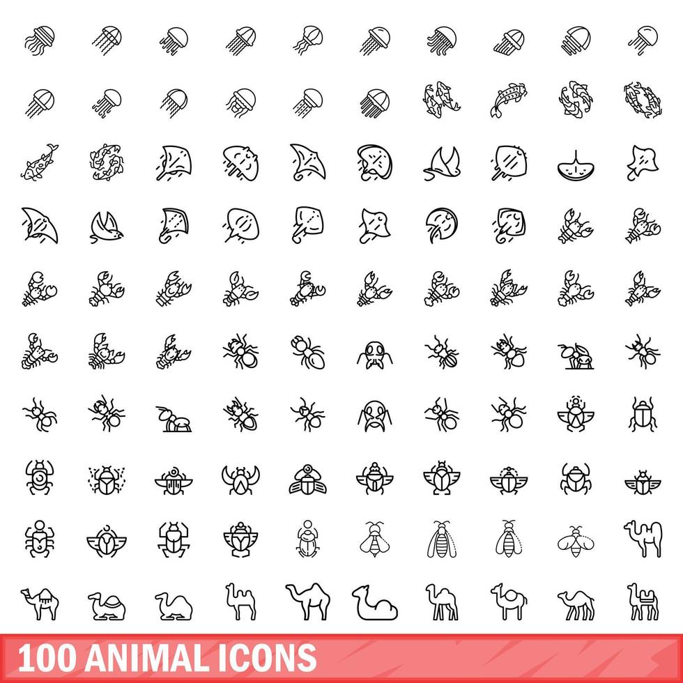 100 icone animali impostate, stile contorno vettore