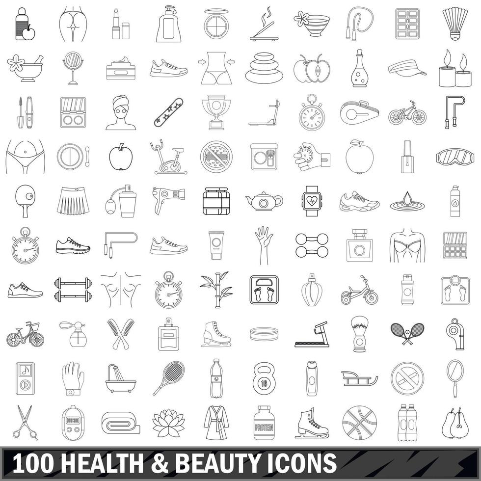100 set di icone di salute e bellezza, stile contorno vettore