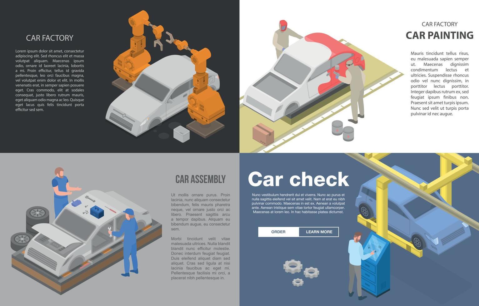 set di banner per fabbrica di automobili, stile isometrico vettore