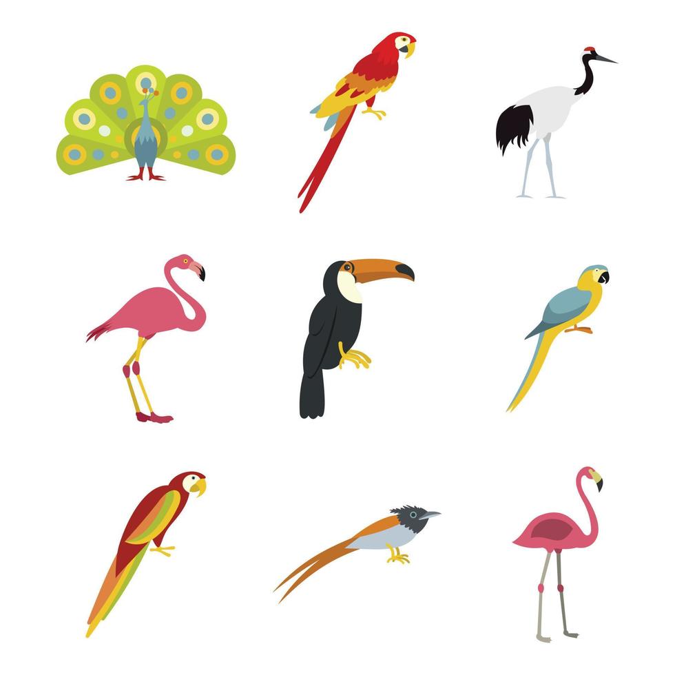 set di icone di uccelli esotici, stile piatto vettore