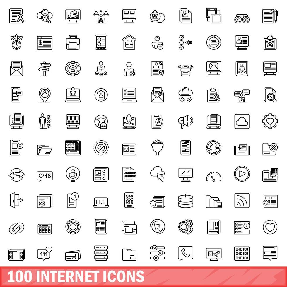 100 icone internet impostate, stile contorno vettore