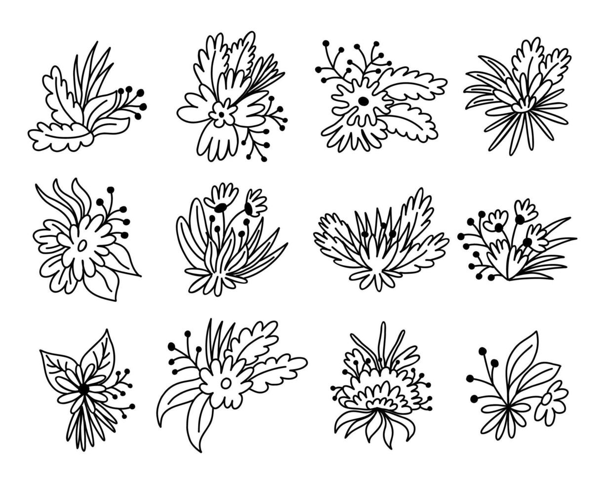 insieme disegnato a mano di fiori di doodle vettore