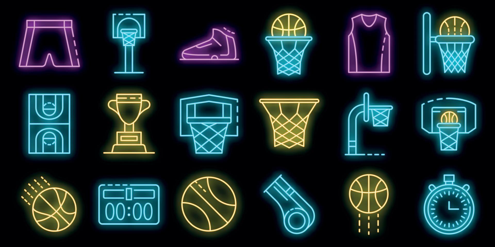 le icone dell'attrezzatura da basket impostano il neon vettoriale