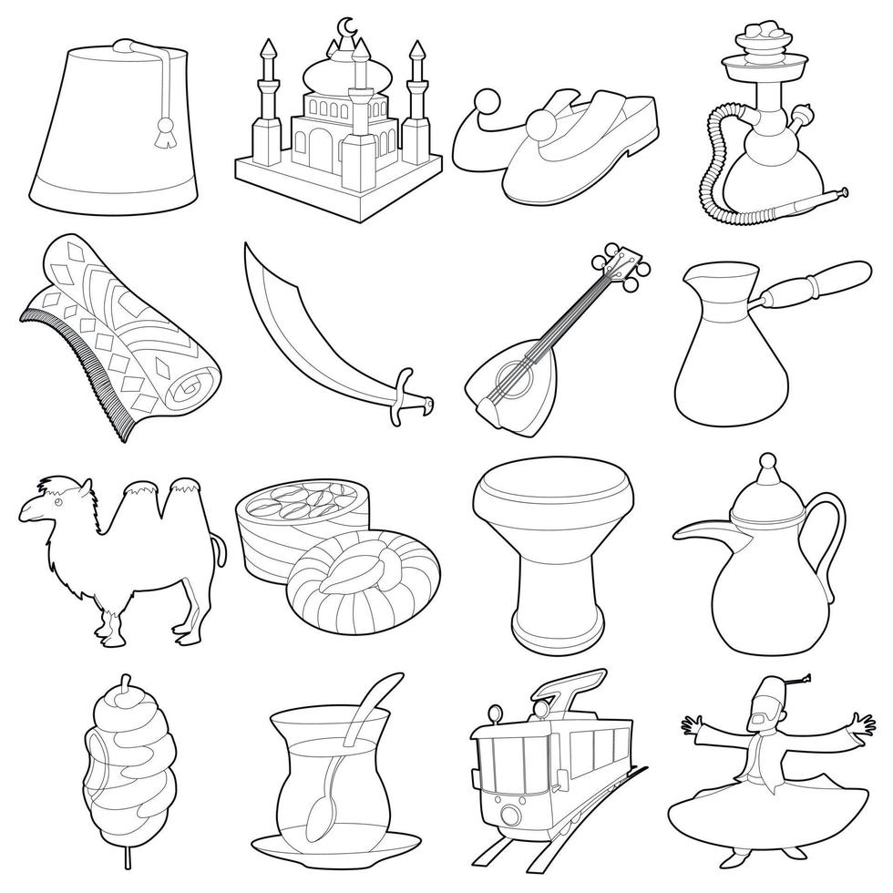 Turchia simboli di viaggio set di icone, stile contorno vettore