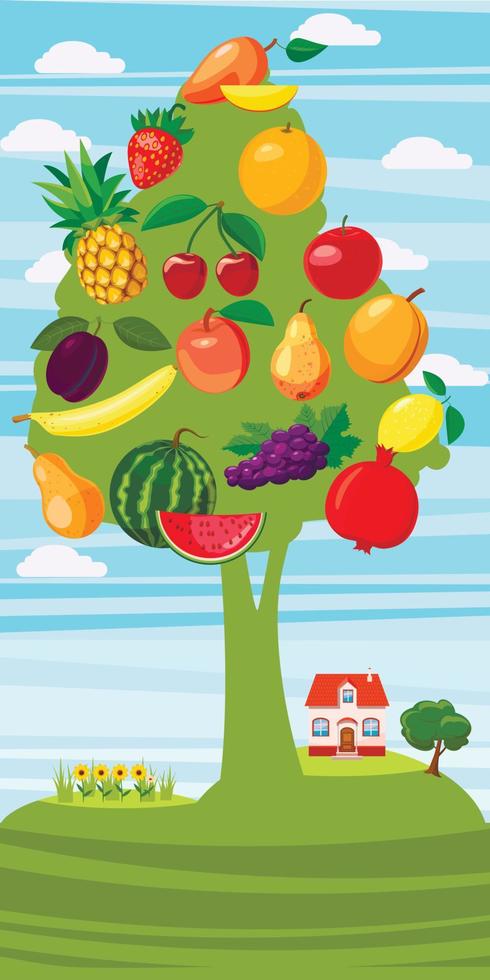 bandiera verticale dell'albero di frutta, stile cartone animato vettore