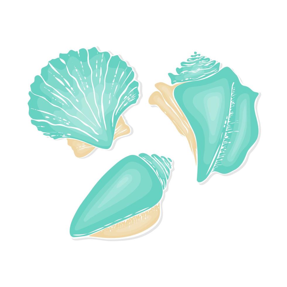 Seashell set disegnato a mano doodle disegno, tono pastello blu e beige, isolato, sfondo bianco. illustrazione vettoriale