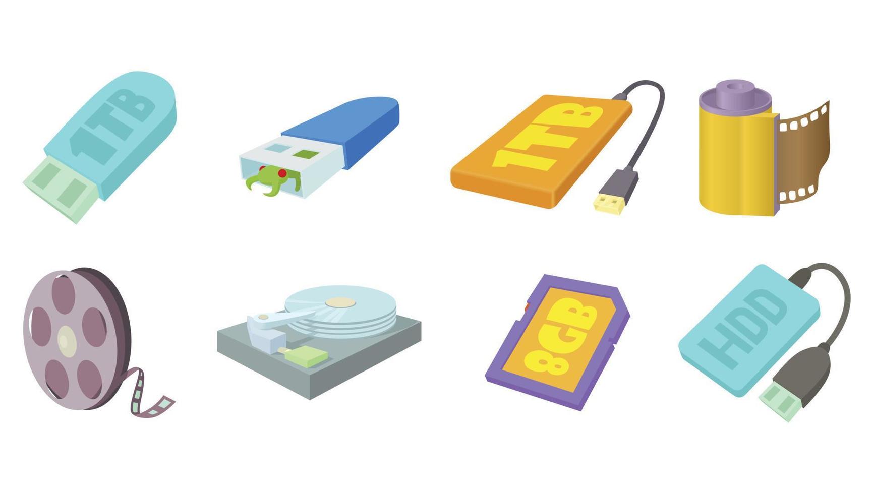 set di icone della sorgente di memoria, stile cartone animato vettore