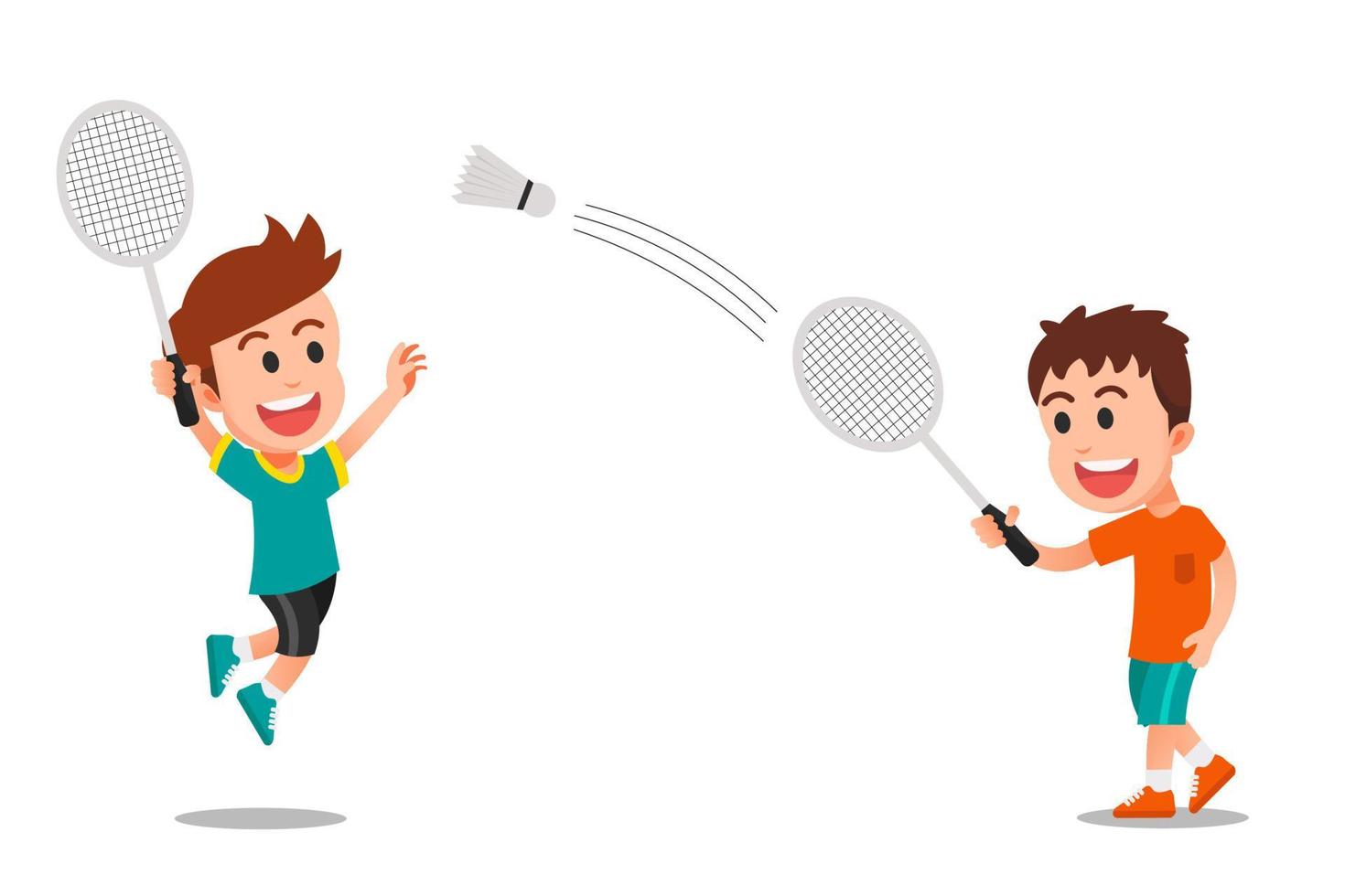 due ragazzi carini che giocano a badminton felici vettore