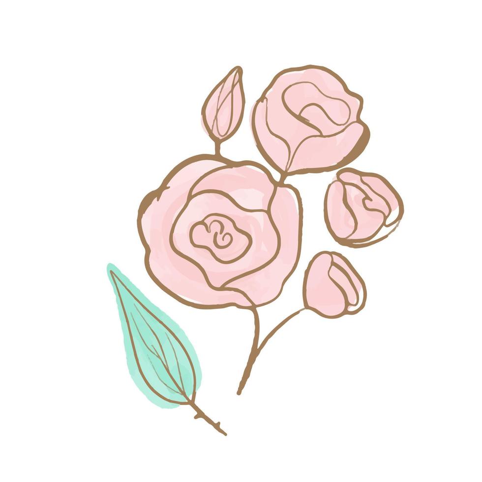 vettore delicato fiore rosa rosa con finiture dorate. illustrazione disegnata a mano dell'acquerello. fiore per il design del matrimonio.