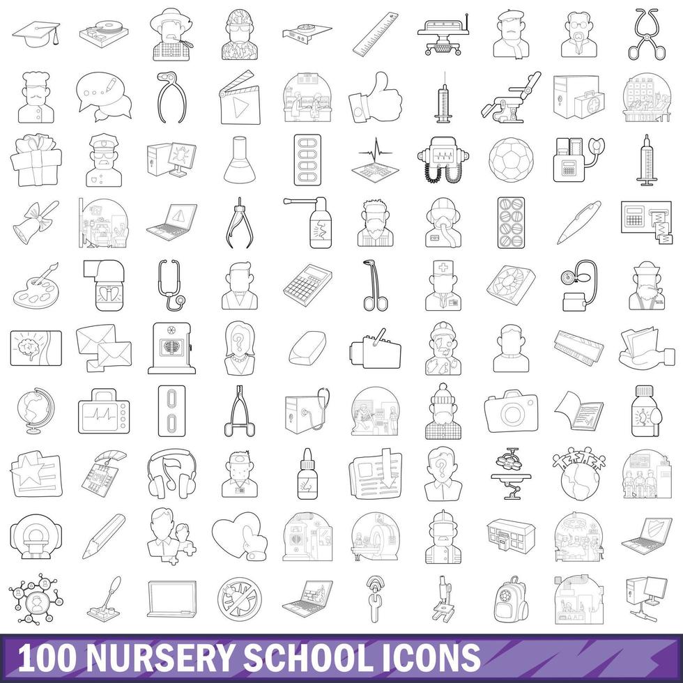 100 icone della scuola materna, struttura di stile vettore
