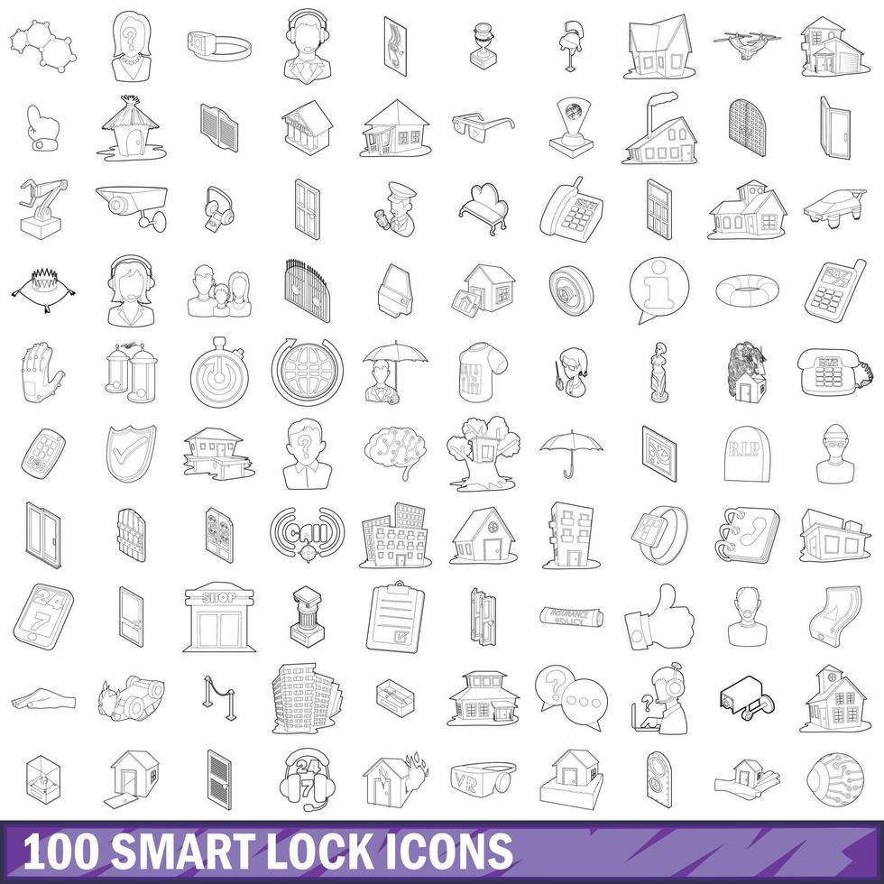 100 set di icone di blocco intelligente, stile contorno vettore